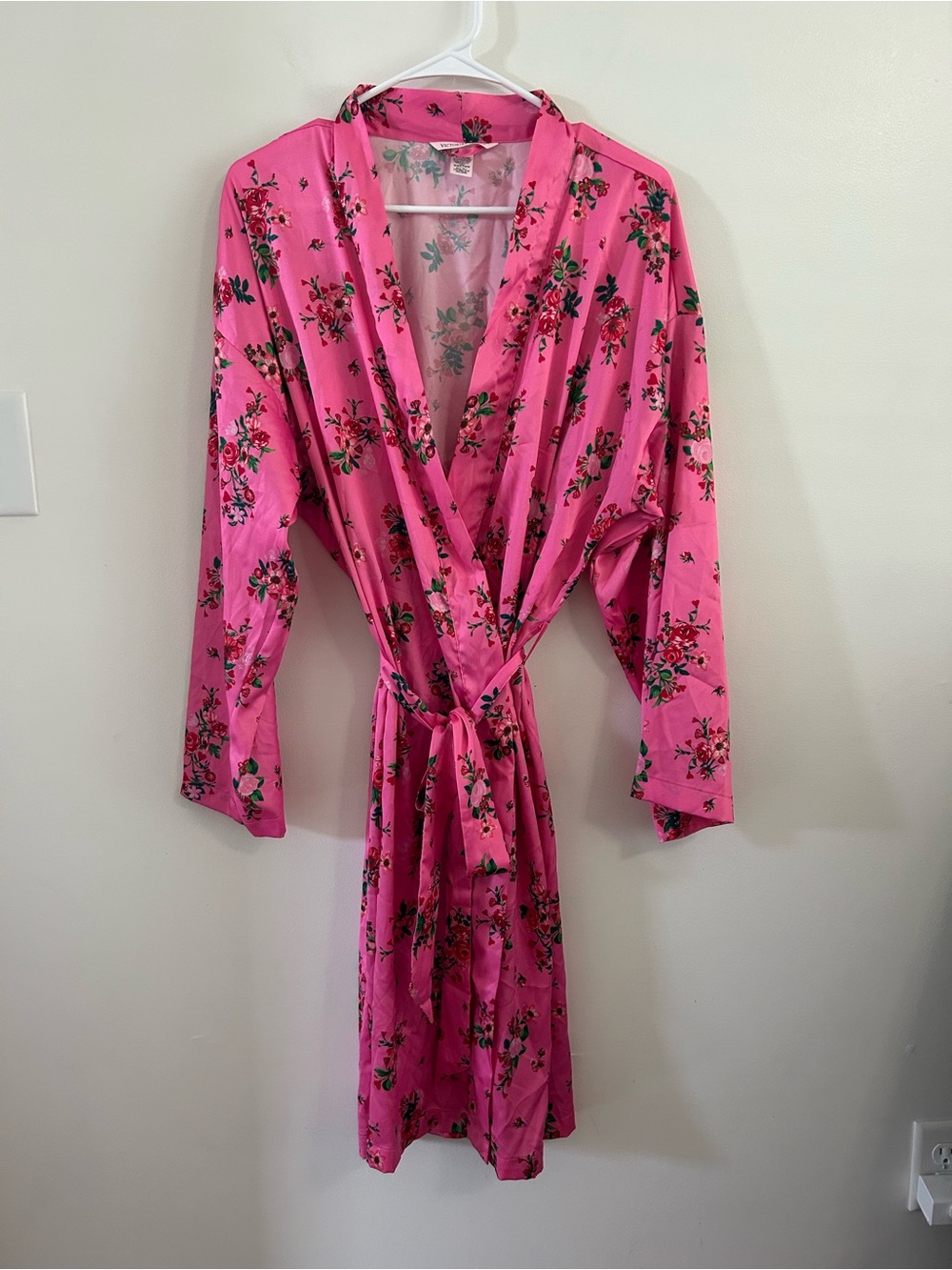 Victoria's Secret PINK Floral Satin Robe Wrap Kimono M/L Red Roses